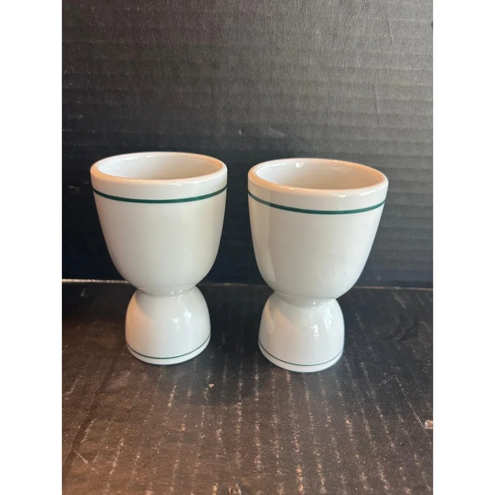 Vintage Ironstone Restaurant Ware China Green Stripe Double Egg Cup Set Of 2